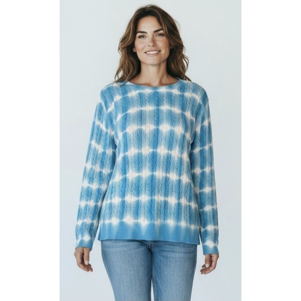 Talbots Cable Knit Blue White Tie Dye/Watercolor Lightweight Pullover Sweater XL
